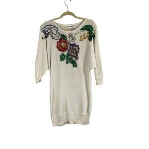 Vintage Knit Sweater Dress Floral Sequin L Tan Retro Chic Festive 80s Indie Folk